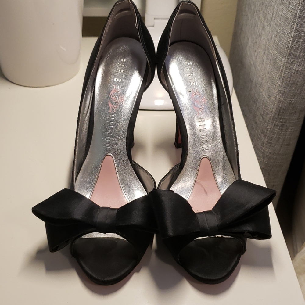 Paris Hilton Black Peep Toe Bow Heels